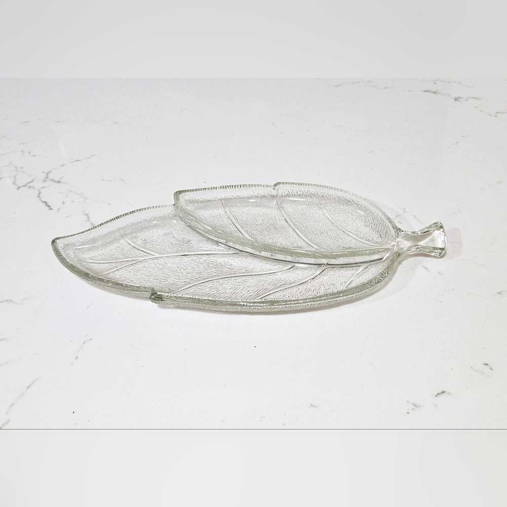 Vintage Hazel Atlas Textured Leaf Glass Divided Serving Dish